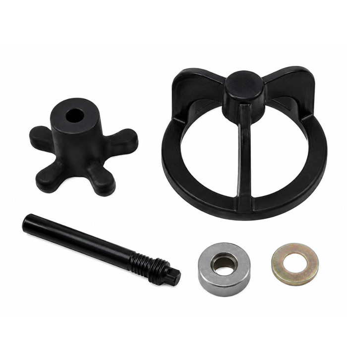 Five black and silver metal parts—including a circular frame, star-shaped knob, rod, and two washers—are displayed on white. The Wyatt Gatling Clutch Hub Puller fits Harley-Davidson Big Twin and Sportster with five speed. Brand: Wyatt Gatling.