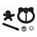Five black and silver metal parts—including a circular frame, star-shaped knob, rod, and two washers—are displayed on white. The Wyatt Gatling Clutch Hub Puller fits Harley-Davidson Big Twin and Sportster with five speed. Brand: Wyatt Gatling.