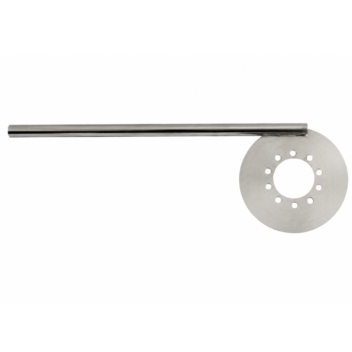 The Wyatt Gatling Clutch Drum Hub Locking Tool, designed for 1941-1984 Harley-Davidson Big Twin four-speed models, features a metal rod and flat circular disc with evenly spaced holes for effective transmission servicing.