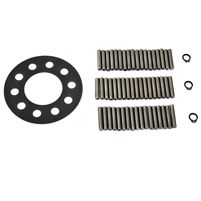 The Mid-USA Clutch Hub Long Roller Conversion Kit for 1941-E1984 Harley-Davidson Big Twin features metal pins, a black clutch hub plate with holes, and two circlips, all arranged on a white background.
