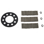 The Mid-USA Clutch Hub Long Roller Conversion Kit for 1941-E1984 Harley-Davidson Big Twin features metal pins, a black clutch hub plate with holes, and two circlips, all arranged on a white background.