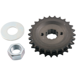 A sharp-toothed metal sprocket—part of the BDL Belt Drives Ltd. Compensator Sprocket Eliminator Kit for 1994-2006 Harley-Davidson Big Twin—is centered with a large silver hex nut and washer on a white background. Engineered as a compensator eliminator, this durable component offers precision fitment for your custom Harley-Davidson build.