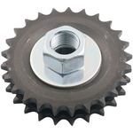 A sharp-toothed metal sprocket—part of the BDL Belt Drives Ltd. Compensator Sprocket Eliminator Kit for 1994-2006 Harley-Davidson Big Twin—is centered with a large silver hex nut and washer on a white background. Engineered as a compensator eliminator, this durable component offers precision fitment for your custom Harley-Davidson build.