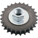 A sharp-toothed metal sprocket—part of the BDL Belt Drives Ltd. Compensator Sprocket Eliminator Kit for 1994-2006 Harley-Davidson Big Twin—is centered with a large silver hex nut and washer on a white background. Engineered as a compensator eliminator, this durable component offers precision fitment for your custom Harley-Davidson build.