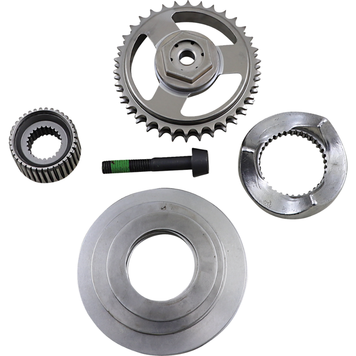 Five metal mechanical parts, including gears, a bolt, and circular components from the Drag Specialties Compensating Sprocket Kit for 2017-2025 Harley-Davidson M8 Big Twin models, are arranged on a white background.