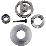Five metal mechanical parts, including gears, a bolt, and circular components from the Drag Specialties Compensating Sprocket Kit for 2017-2025 Harley-Davidson M8 Big Twin models, are arranged on a white background.