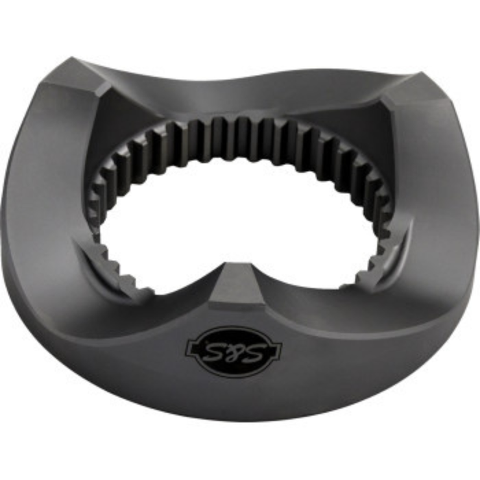 Gray, metallic, circular mechanical part with internal teeth and three outer notches, featuring an engraved “S&S” logo on its surface—engineered by S&S Cycle as the S&S Compensator Ramp for 2017-2025 Harley-Davidson M8 Big Twin models, offering a premium alternative to the OEM compensator ramp.