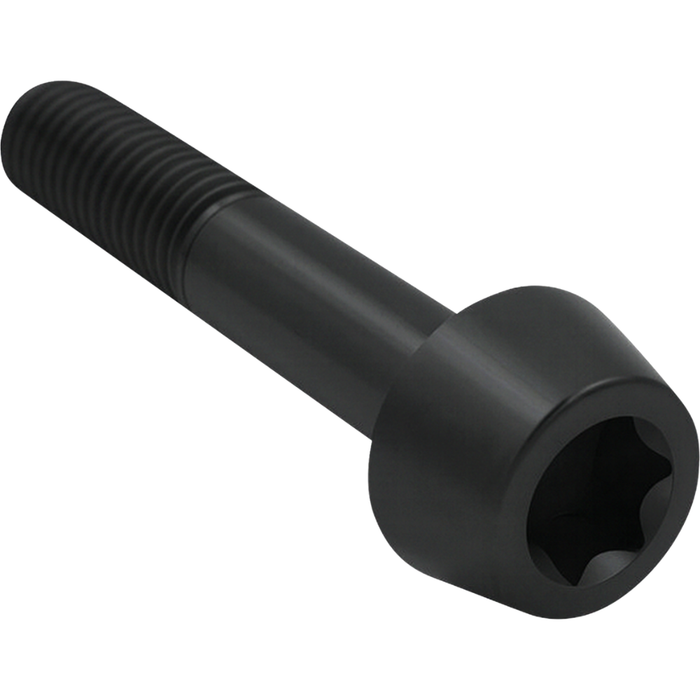 A black S&S Compensator Bolt for 2014-2025 Harley-Davidson Big Twin by S&S Cycle, crafted from durable 8740 chromoly steel with a hexagonal socket head and a partially threaded shank, is displayed on a white background. This high-strength socket head cap screw is engineered to meet the rigorous demands of Harley-Davidson Big Twin applications.