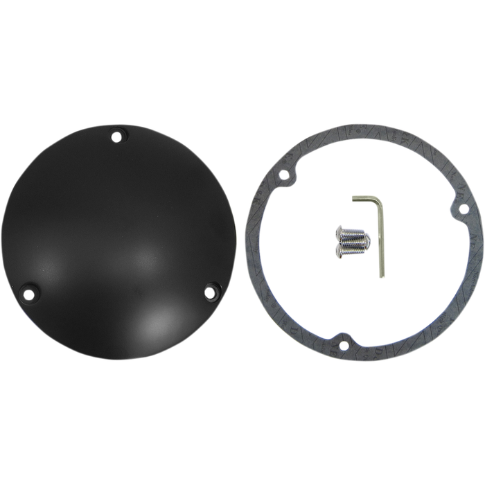 Three sets of Drag Specialties Derby Covers for 1970-1998 Harley-Davidson Big Twin motorcycles, each with matching gaskets, screws, and small hex keys, are arranged on a white background—these durable and stylish accessories from Drag Specialties make perfect replacements or upgrades for your Harley-Davidson’s derby cover.