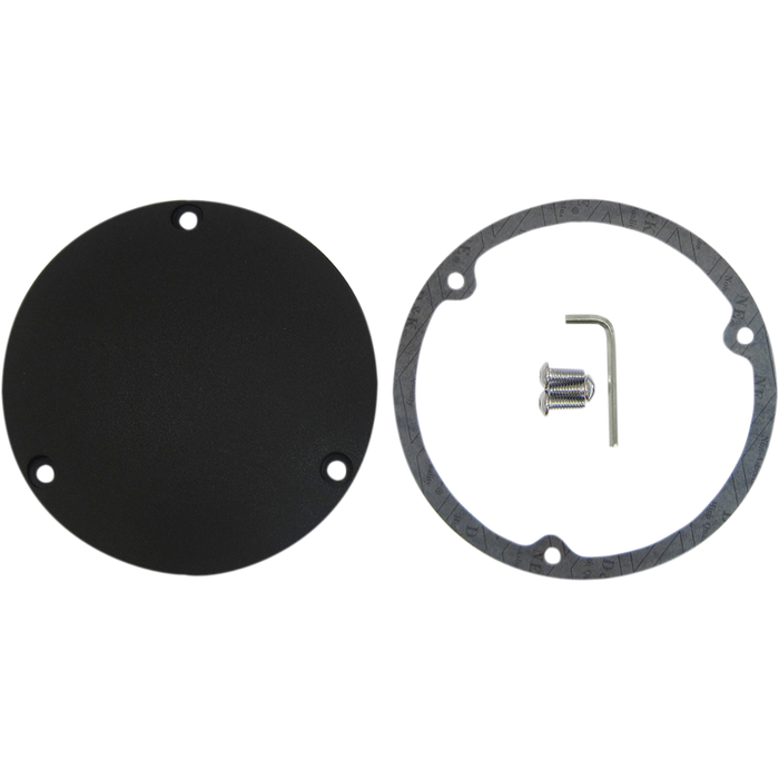 Three sets of Drag Specialties Derby Covers for 1970-1998 Harley-Davidson Big Twin motorcycles, each with matching gaskets, screws, and small hex keys, are arranged on a white background—these durable and stylish accessories from Drag Specialties make perfect replacements or upgrades for your Harley-Davidson’s derby cover.