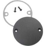 Three Moto Iron® Universal Points/Ignition Covers for 1970-2022 Harley-Davidson motorcycles are displayed on a white background, each featuring a round metal design with screw holes and shown alongside included gaskets, screws, and an Allen wrench.