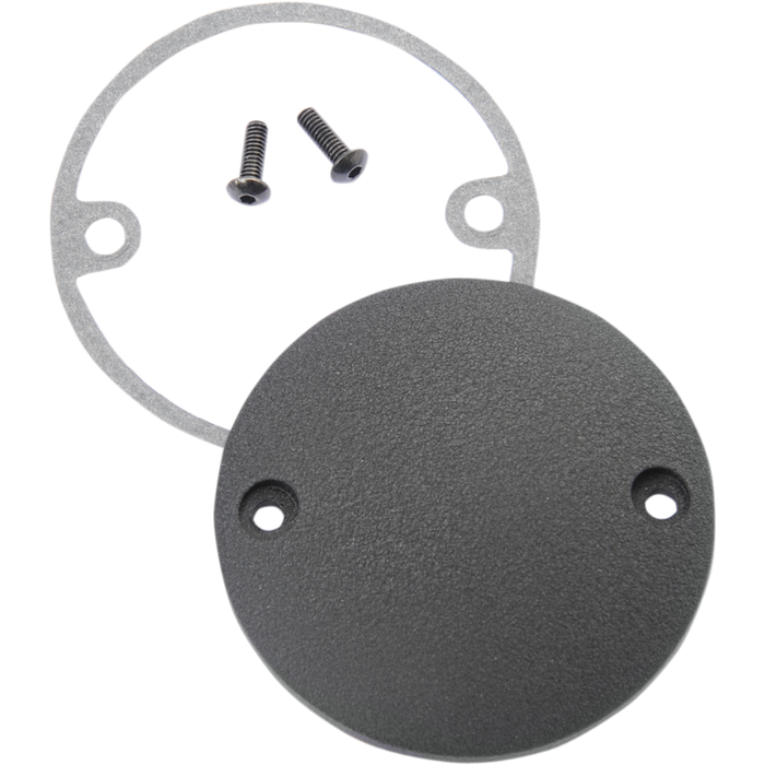 Three Moto Iron® Universal Points/Ignition Covers for 1970-2022 Harley-Davidson motorcycles are displayed on a white background, each featuring a round metal design with screw holes and shown alongside included gaskets, screws, and an Allen wrench.