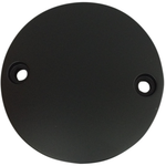 Three Drag Specialties Points Covers for 2017-2025 Harley-Davidson Big Twin motorcycles, each featuring two mounting holes, are displayed in silver, matte black, and textured black finishes. The round metal covers from Drag Specialties are arranged diagonally against a white background.