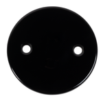 The Paughco Inspection Cover for 1936-1964 Harley-Davidson Big Twin by Paughco, available in both white and black finishes with two signature holes reminiscent of a classic tin-type design, is shown diagonally arranged on a white background.