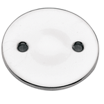 The Paughco Inspection Cover for 1936-1964 Harley-Davidson Big Twin by Paughco, available in both white and black finishes with two signature holes reminiscent of a classic tin-type design, is shown diagonally arranged on a white background.