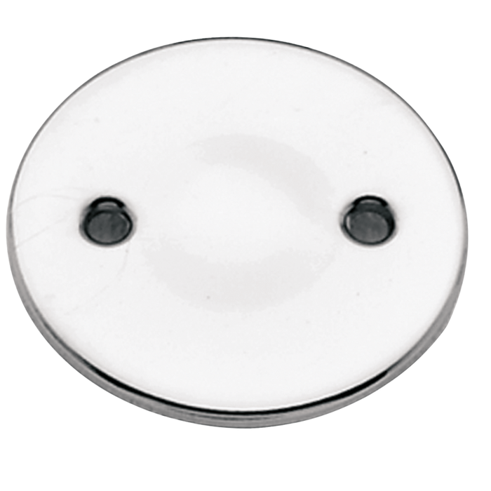 The Paughco Inspection Cover for 1936-1964 Harley-Davidson Big Twin by Paughco, available in both white and black finishes with two signature holes reminiscent of a classic tin-type design, is shown diagonally arranged on a white background.