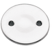 The Paughco Inspection Cover for 1936-1964 Harley-Davidson Big Twin by Paughco, available in both white and black finishes with two signature holes reminiscent of a classic tin-type design, is shown diagonally arranged on a white background.
