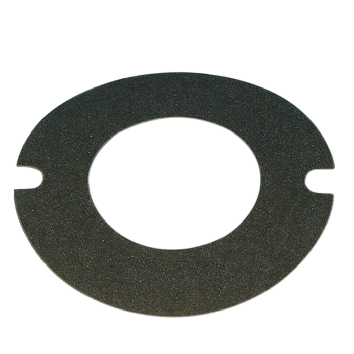 A flat, dark circular paper gasket with two symmetrical notches on opposite sides is displayed on a white background. This is the James Generator Gasket for 1958-1985 Harley-Davidson by James Gaskets, ideal as a replacement two-brush generator gasket.