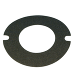 A flat, dark circular paper gasket with two symmetrical notches on opposite sides is displayed on a white background. This is the James Generator Gasket for 1958-1985 Harley-Davidson by James Gaskets, ideal as a replacement two-brush generator gasket.