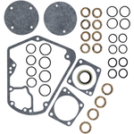 A neatly arranged selection of gaskets, O-rings, and washers in various shapes and sizes on a white background—perfect components from the James Cam Change Gasket Kit by James Gaskets, designed for 1970-1992 Harley-Davidson Big Twin Evo and Shovelhead models.