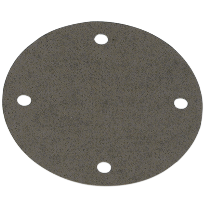 A round, flat, gray disc with four evenly spaced holes near the edge in a circular pattern—ideal as the James Points Cover Gasket by James Gaskets for 1970-1999 Harley-Davidson Big Twin and 1970-2022 Sportster models.
