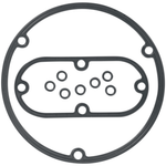 The James Primary Inspection and Derby Cover Gasket Kit 1970-1998 for Harley-Davidson Big Twin by James Gaskets features a black rubber derby cover gasket with a circular outer ring and an inner oval section containing multiple small circular openings, specifically designed for Harley-Davidson Big Twin models.