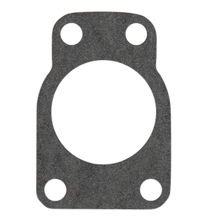 The James Carburetor-to-Manifold Gasket for 4-Bolt Linkert Carburetor by James Gaskets is a flat, dark gray gasket featuring a large central hole and four smaller holes arranged in a rectangle near the edges—designed specifically for mounting Linkert carburetors on Harley-Davidson Big Twin engines.