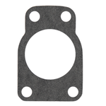 The James Carburetor-to-Manifold Gasket for 4-Bolt Linkert Carburetor by James Gaskets is a flat, dark gray gasket featuring a large central hole and four smaller holes arranged in a rectangle near the edges—designed specifically for mounting Linkert carburetors on Harley-Davidson Big Twin engines.