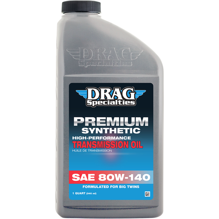 Two bottles of Drag Specialties Transmission Oil for Harley-Davidson from Drag Specialties, including one SAE 80W-90 mineral oil and one SAE 80W-140 premium synthetic transmission oil, both formulated specifically for high-performance Big Twin transmissions.
