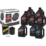 The Maxima V-Twin Fluid Exchange Kit for 2017-2019 Harley-Davidson M8 is shown on a white background. The box, labeled with the Maxima brand, contains six bottles of synthetic 20W50 engine oil, an oil filter, two O-rings, and a filter magnet—providing everything needed for a complete fluid change on your Harley-Davidson M8.