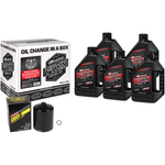 The Maxima V-Twin Fluid Exchange Kit for 2017-2019 Harley-Davidson M8 is shown on a white background. The box, labeled with the Maxima brand, contains six bottles of synthetic 20W50 engine oil, an oil filter, two O-rings, and a filter magnet—providing everything needed for a complete fluid change on your Harley-Davidson M8.
