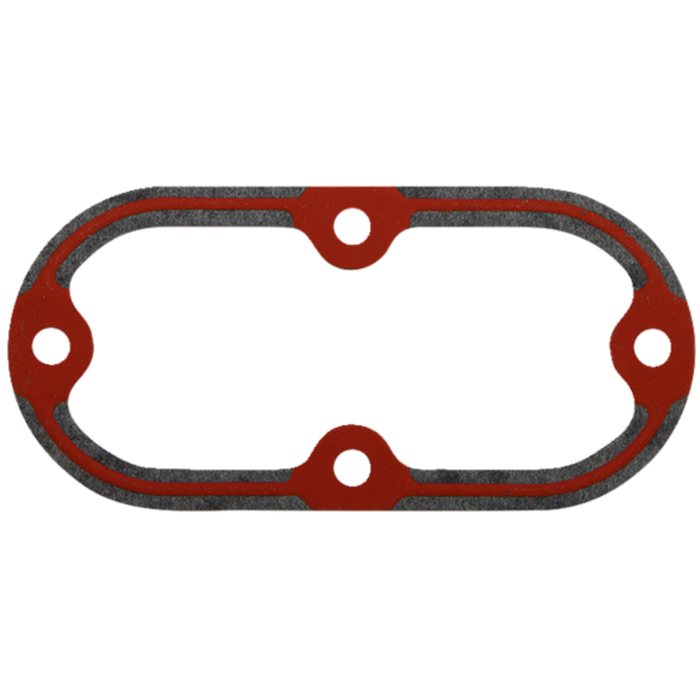 The James Gaskets Inspection Cover Gasket, designed for 1965-1999 Harley-Davidson Big Twin, 2000-2006 Softail, and 2000-2005 Dyna models, features an oval-shaped rubber construction with three evenly spaced circular holes—two on the sides and one in the center—serving as a Primary Chain Seal. It showcases a striking red and black color scheme.