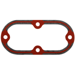 The James Gaskets Inspection Cover Gasket, designed for 1965-1999 Harley-Davidson Big Twin, 2000-2006 Softail, and 2000-2005 Dyna models, features an oval-shaped rubber construction with three evenly spaced circular holes—two on the sides and one in the center—serving as a Primary Chain Seal. It showcases a striking red and black color scheme.