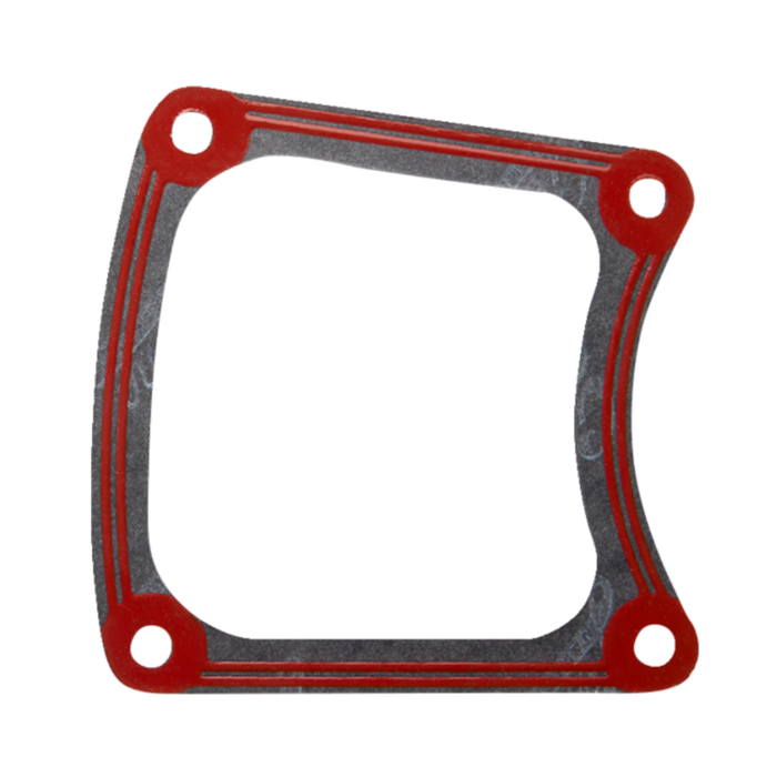 The James Inspection Cover Gasket by James Gaskets is designed for 1985-2006 Harley-Davidson Touring and FXR models. This gasket features a square shape with rounded corners, four bolt holes, and a red oil seal along the edges—ideal for reliable sealing on your motorcycle.