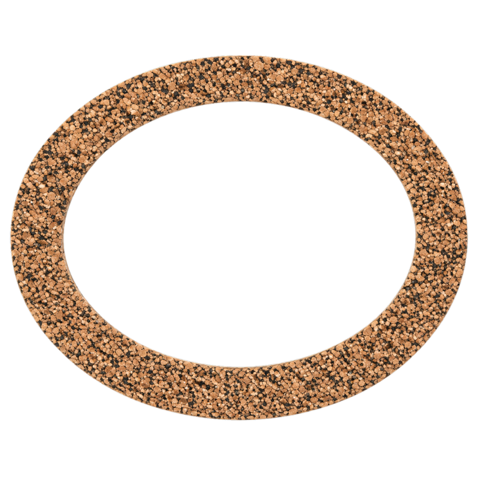 The James Inspection Cover Gasket by James Gaskets, designed for 1936-1964 Harley-Davidson Big Twin and 1957-1969 Sportster models, features a flat, oval shape and is made from speckled brown and black cork material. It is displayed against a white background, making it an ideal choice for classic Harley-Davidson applications.