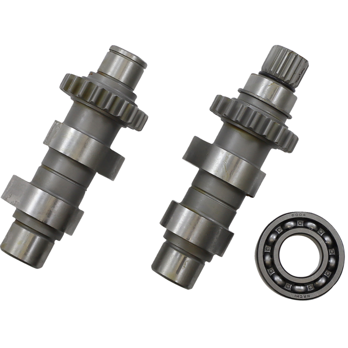 Two Andrews Products TW26A Camshafts for 2000-2006 Harley-Davidson Twin Cam engines, complete with gears and an included ball bearing, are displayed on a white background—making them an ideal street cam upgrade.