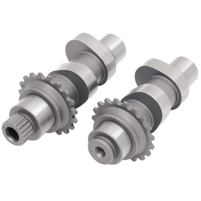Two metal Andrews Products 26H Camshafts for 2007-2017 Harley-Davidson Twin Cam and 2006 Dyna, each featuring an integrated gear, are positioned side by side on a white background.