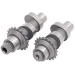 Two metal Andrews Products 26H Camshafts for 2007-2017 Harley-Davidson Twin Cam and 2006 Dyna, each featuring an integrated gear, are positioned side by side on a white background.