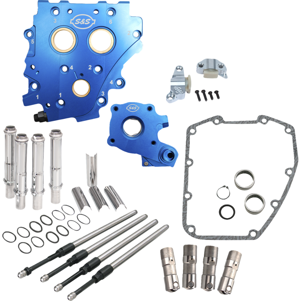 A collection of blue and silver motorcycle engine components—including a cam plate, push rods, gaskets, lifters, and screws—from the S&S Cycle Cam Installation Kit for 2007-2017 Harley-Davidson Big Twin and 2006 Dyna models—displayed on a white background.