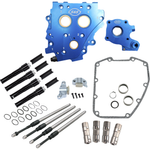 A collection of blue and silver motorcycle engine components—including a cam plate, push rods, gaskets, lifters, and screws—from the S&S Cycle Cam Installation Kit for 2007-2017 Harley-Davidson Big Twin and 2006 Dyna models—displayed on a white background.