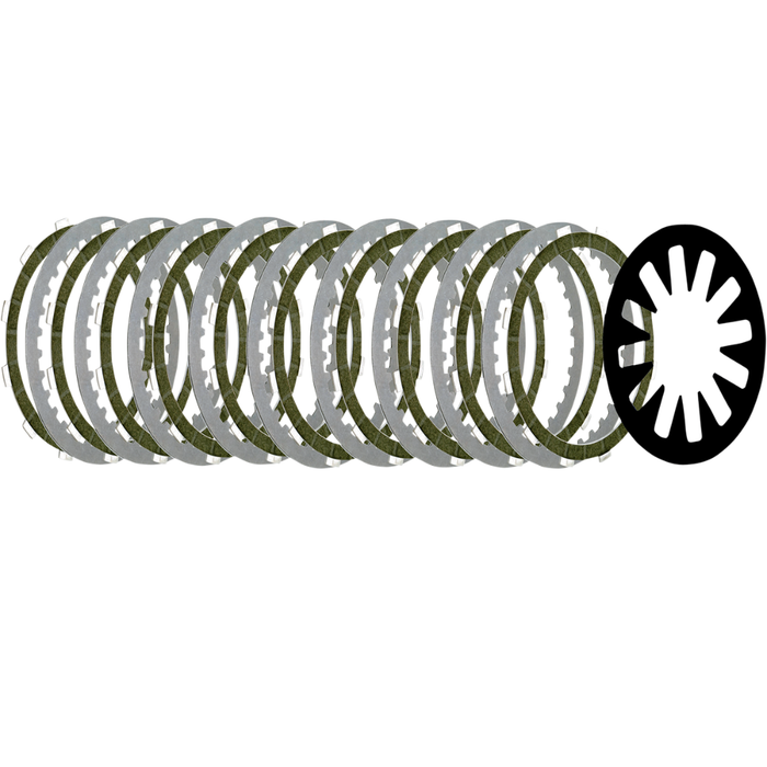 A set of ten metallic clutch plates, including one black circular plate with cut-out spokes on the right, from the BDL Extra Plate Clutch Kit—designed for 1998-2017 Harley-Davidson Big Twin motorcycles—ideal for clutch upgrades or replacements.