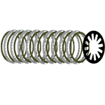A set of ten metallic clutch plates, including one black circular plate with cut-out spokes on the right, from the BDL Extra Plate Clutch Kit—designed for 1998-2017 Harley-Davidson Big Twin motorcycles—ideal for clutch upgrades or replacements.