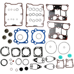 A James Top End Gasket Kit for Harley-Davidson Twin Cam featuring an assortment of gaskets, O-rings, and seals in various shapes, sizes, and materials laid out on a white surface.