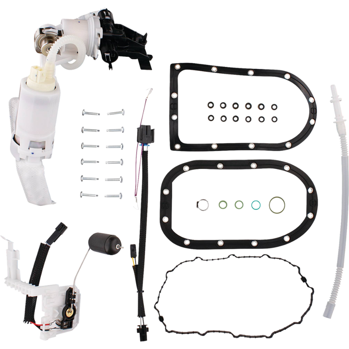 All Balls Fuel Pump Module Assembly for 2009-2017 Harley-Davidson Dyna, including a pump unit, two gaskets, mounting hardware, O-rings, a wire harness, and a fuel hose.