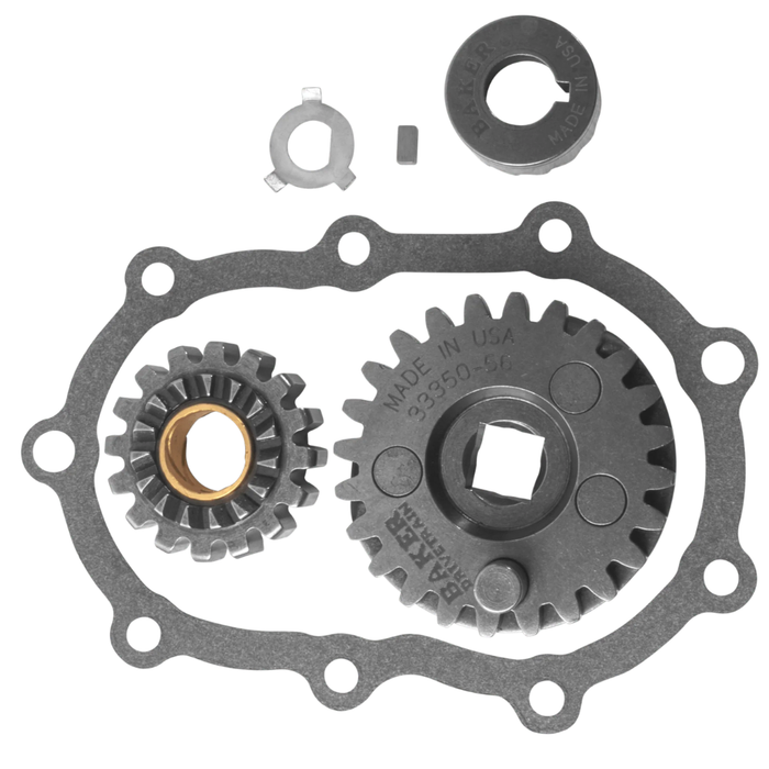 Baker Classic Kicker Gear Set for 1936-1986 Harley-Davidson Big Twin consisting of two gears, a gasket, a spacer, and a small key, arranged against a white background.