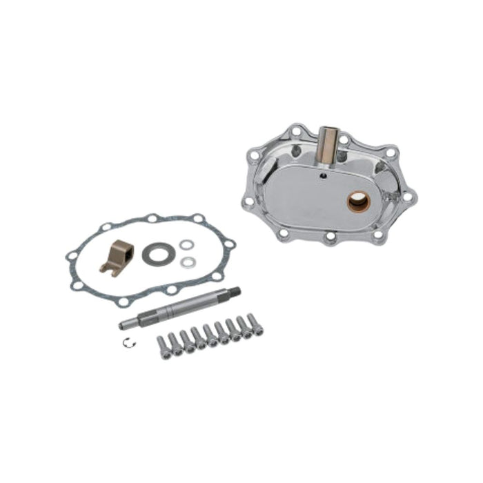 Chrome Drag Specialties Complete Kicker Cover Kit for 1936-1986 Harley-Davidson Big Twin including a housing, gasket, shaft, and mounting hardware.