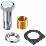 Drag Specialties Kick Pedal Fastener Kit consisting of a chrome hex bolt, a spring washer, a flat washer, and a brass spacer.