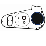 Moto Iron Primary Gasket Kit for 1965-1988 Harley-Davidson Big Twin, featuring an elongated teardrop-shaped primary gasket, a circular insert, and three ring-shaped seals.