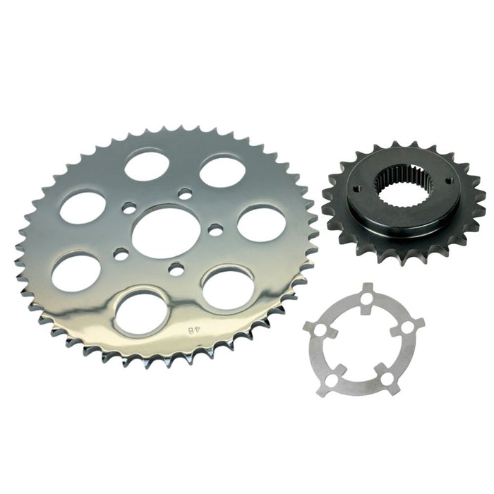 The TC Bros. Belt-to-Chain Conversion Kit for Harley-Davidson Sportster 2000-2003 includes three metal sprockets and a spacer, arranged on a white background—perfect for upgrading your chain drive system.