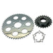 The TC Bros. Belt-to-Chain Conversion Kit for Harley-Davidson Sportster 2000-2003 includes three metal sprockets and a spacer, arranged on a white background—perfect for upgrading your chain drive system.